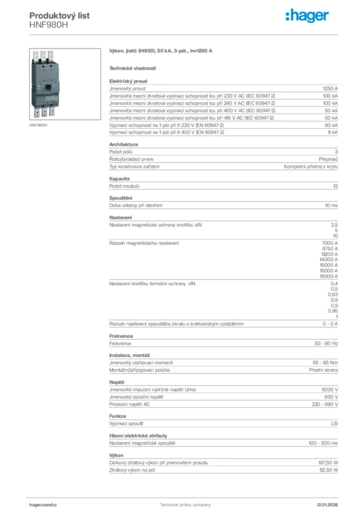 Obrázek Hager Product data sheet HNF980H | Hager