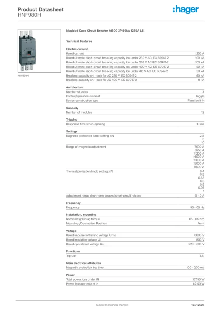 Image Hager Product data sheet HNF980H  | Hager