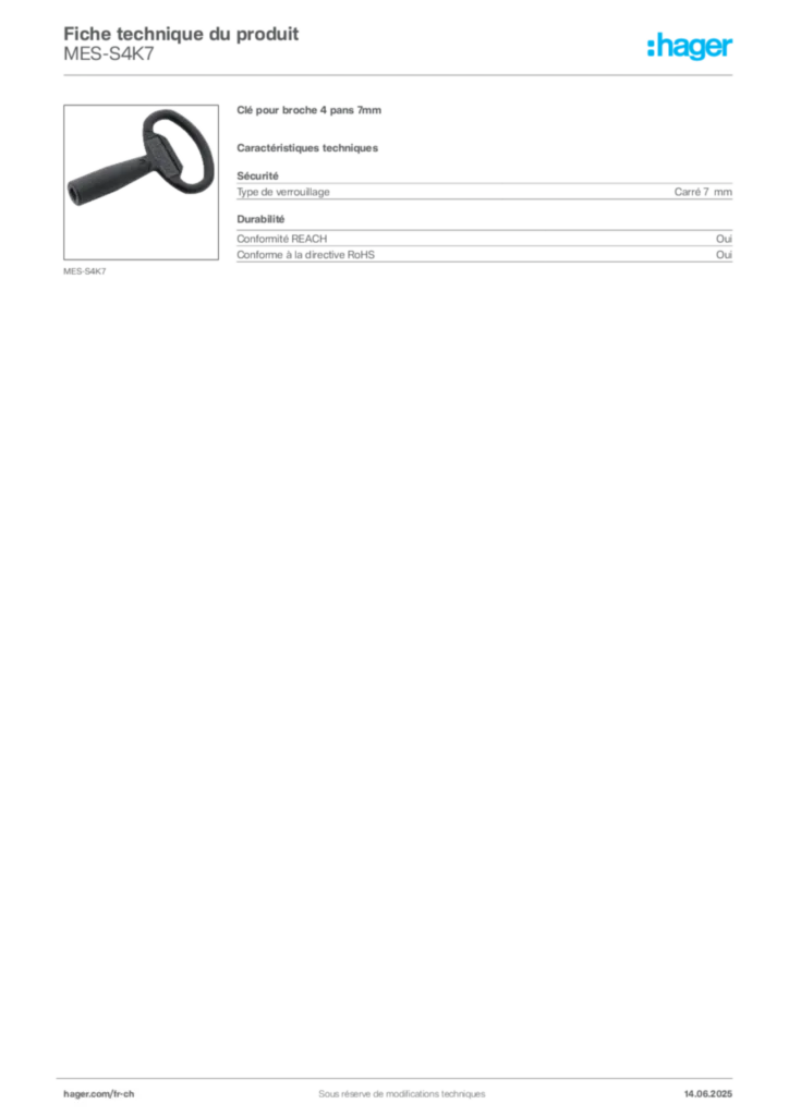 Image Hager Fiche technique du produit MES-S4K7 | Hager Suisse