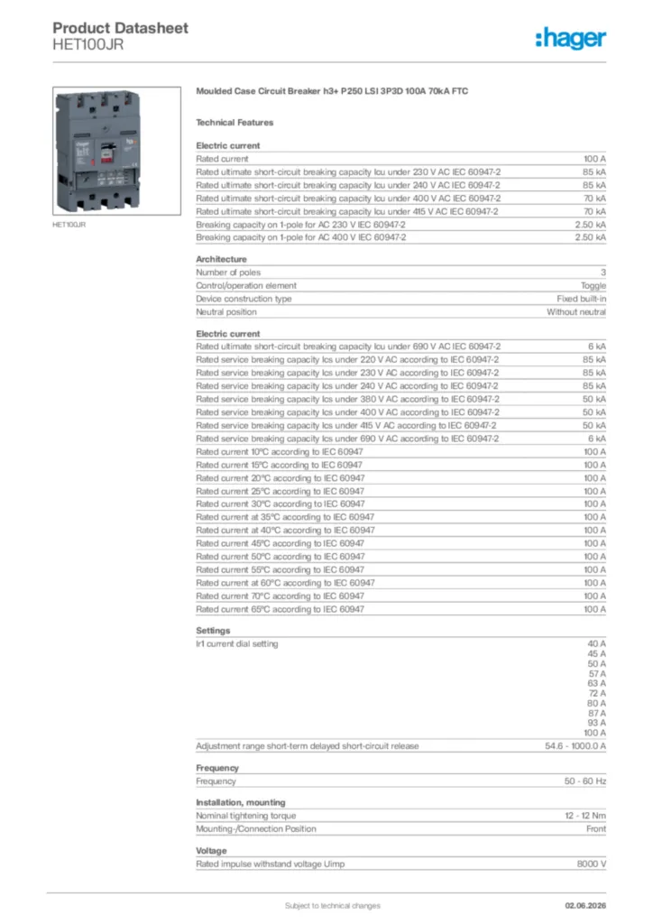 Image Hager Product data sheet HET100JR  | Hager Africa