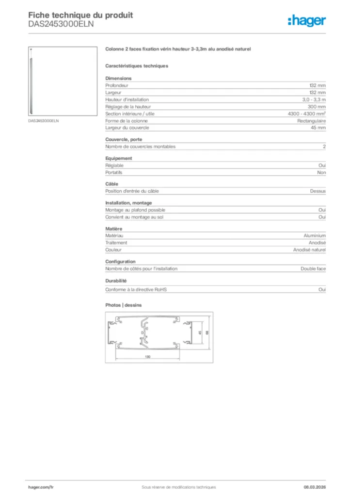 Image Hager Fiche technique du produit DAS2453000ELN | Hager France
