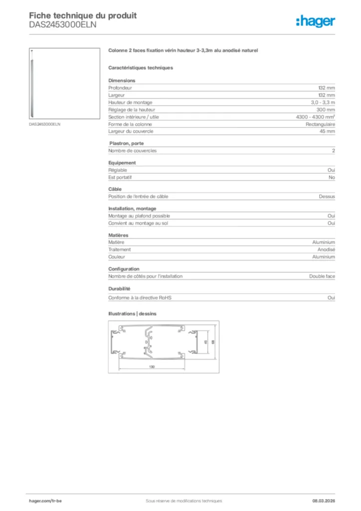 Image Hager Fiche technique du produit DAS2453000ELN | Hager Belgique