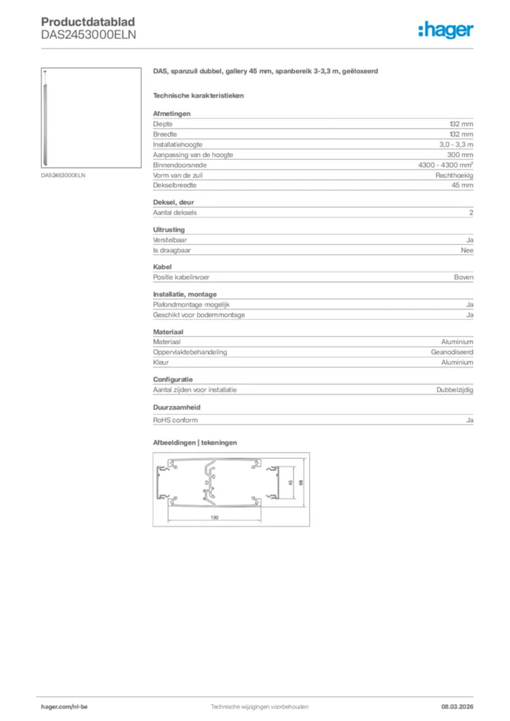 Afbeelding Hager Productdatablad DAS2453000ELN | Hager Belgium