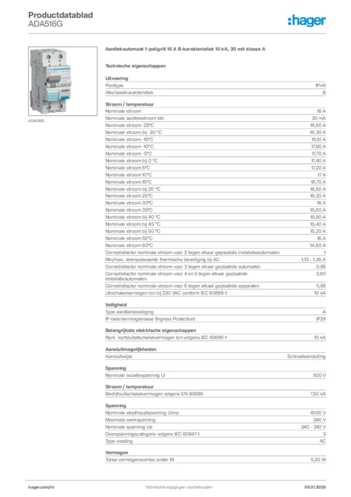 Afbeelding Hager Productdatablad ADA516G | Hager Nederland
