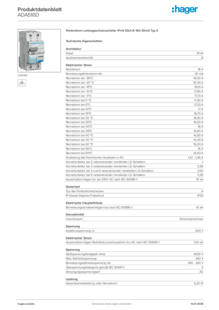 Hager Produktdatenblatt ADA516D