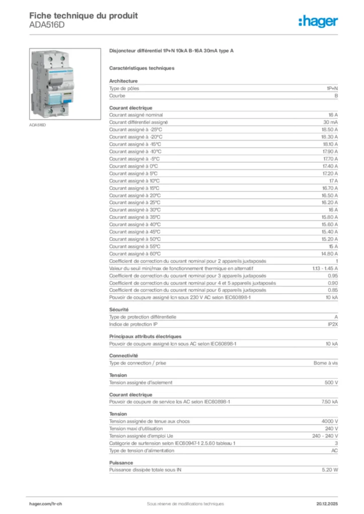 Image Hager Fiche technique du produit ADA516D | Hager Suisse