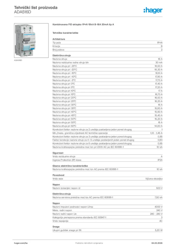 Slika Hager Tehnički list proizvoda ADA516D  | Hager