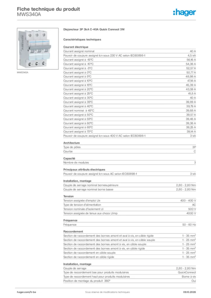 Image Hager Fiche technique du produit MWS340A | Hager Belgique