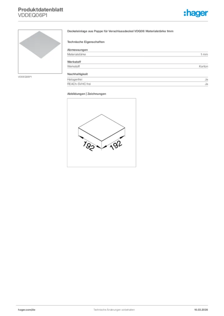 Bild Hager Produktdatenblatt VDDEQ06P1 | Hager Deutschland