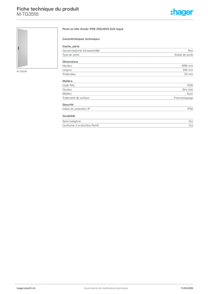 Image Hager Fiche technique du produit M-TG3518 | Hager Suisse