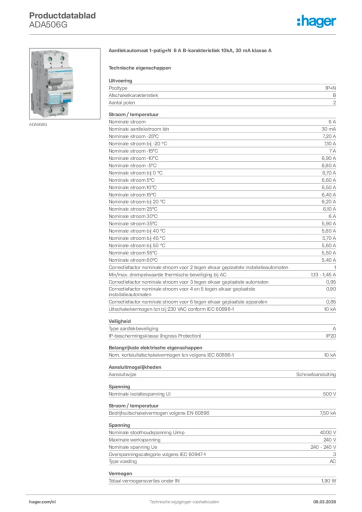 Afbeelding Hager Productdatablad ADA506G | Hager Nederland