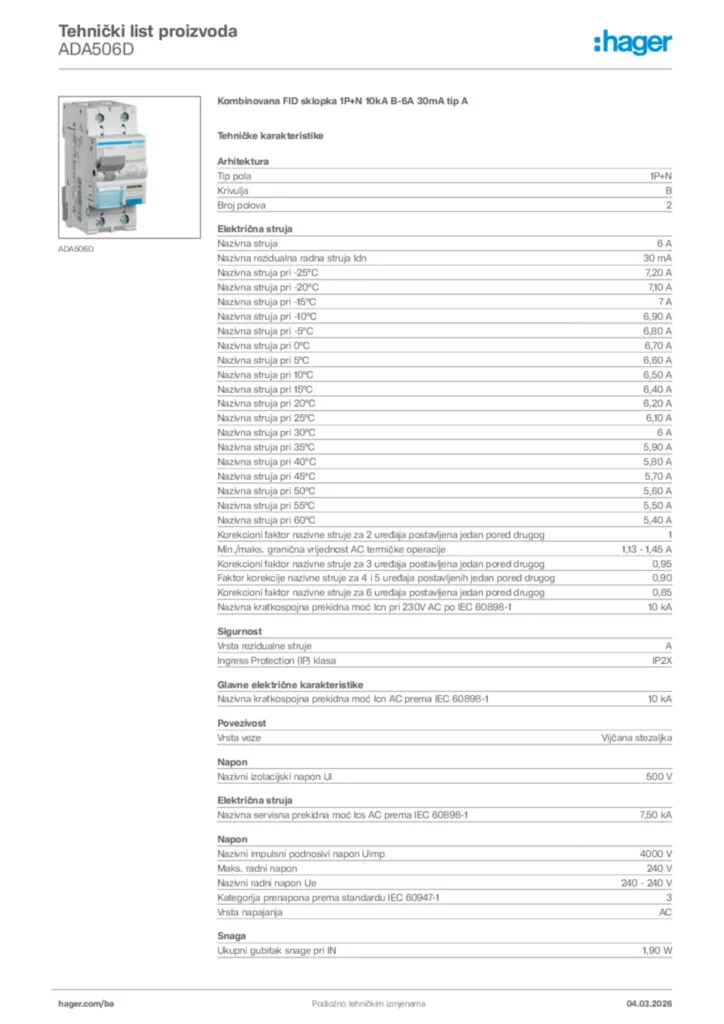 Slika Hager Tehnički list proizvoda ADA506D  | Hager