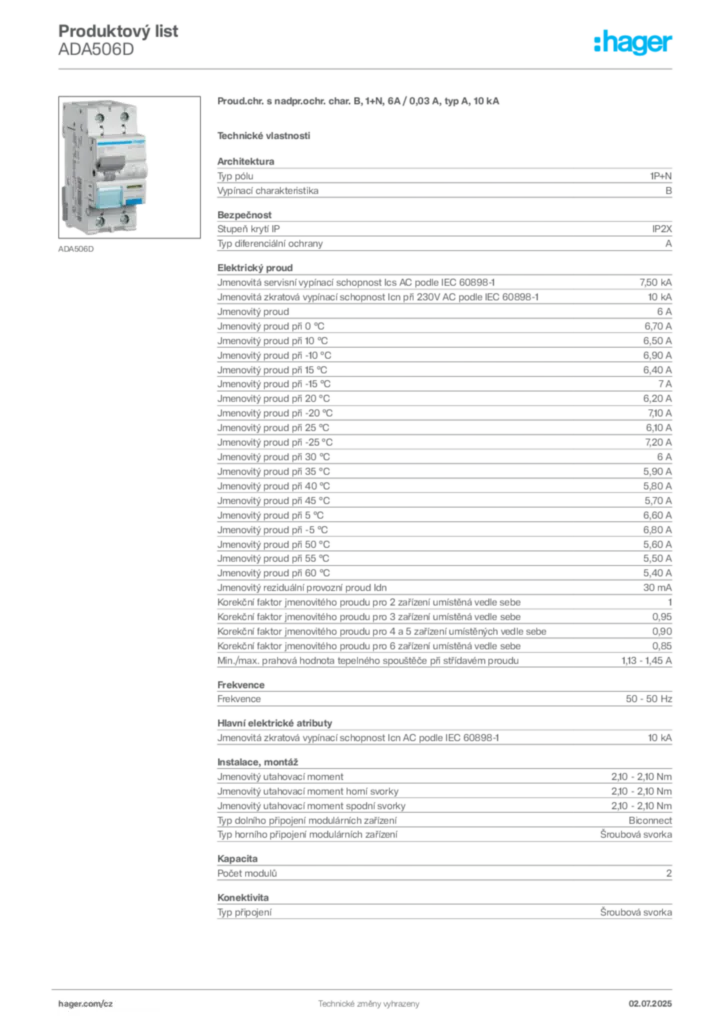 Obrázek Hager Produktový list ADA506D | Hager