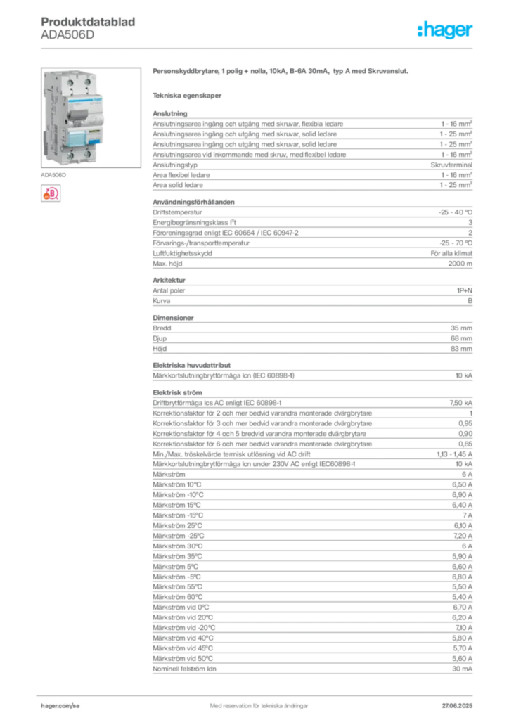 Bild Hager Produktdatablad ADA506D | Hager Sverige