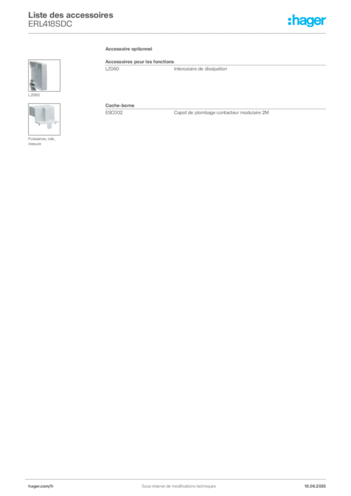 Image Hager Fiche technique du produit ERL418SDC | Hager France