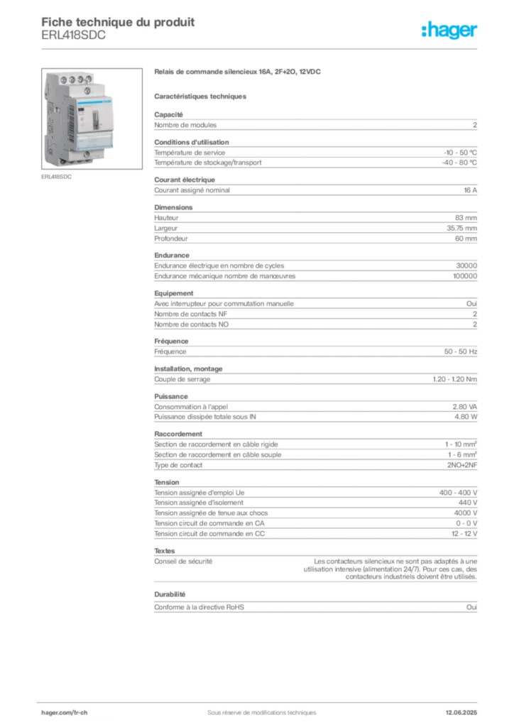 Image Hager Fiche technique du produit ERL418SDC | Hager Suisse