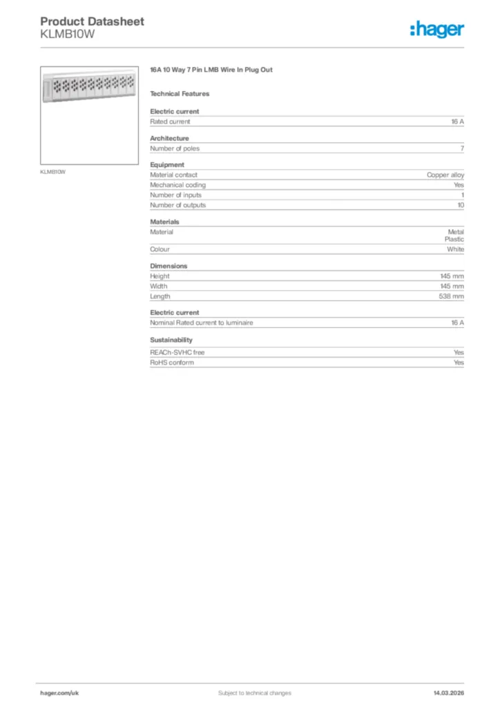 Image Hager Product data sheet KLMB10W  | Hager