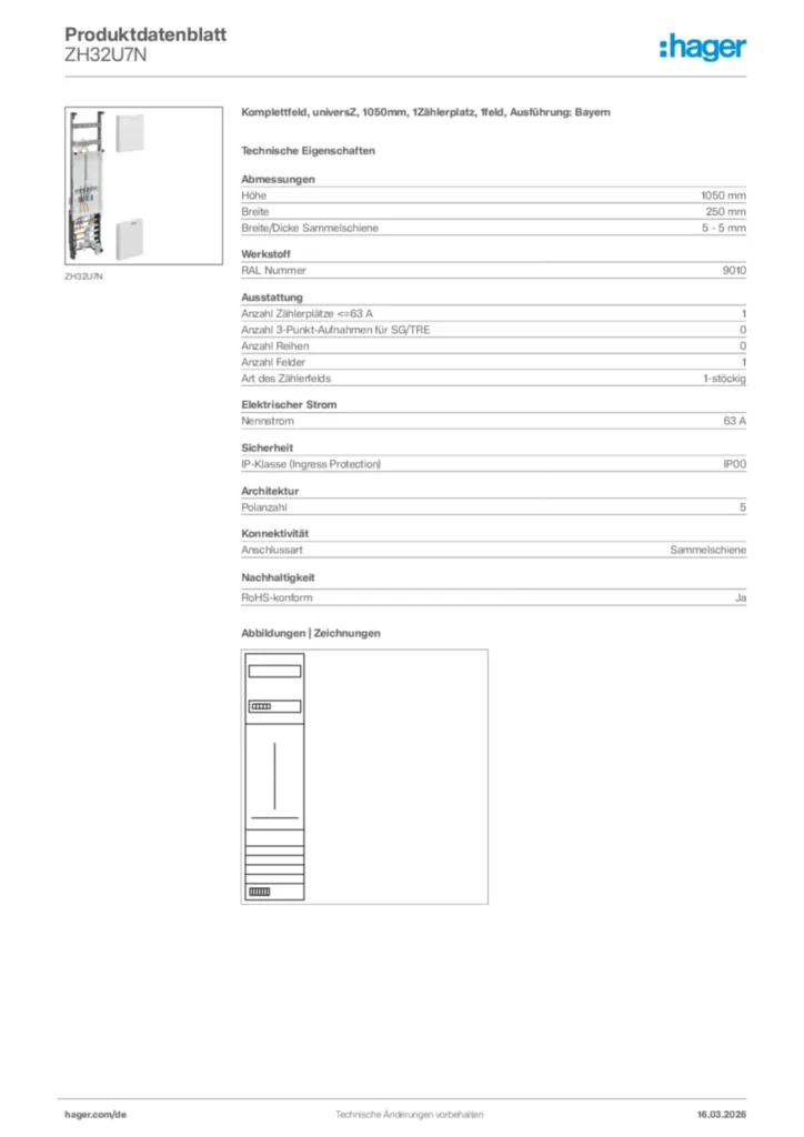 Bild Hager Produktdatenblatt ZH32U7N | Hager Deutschland