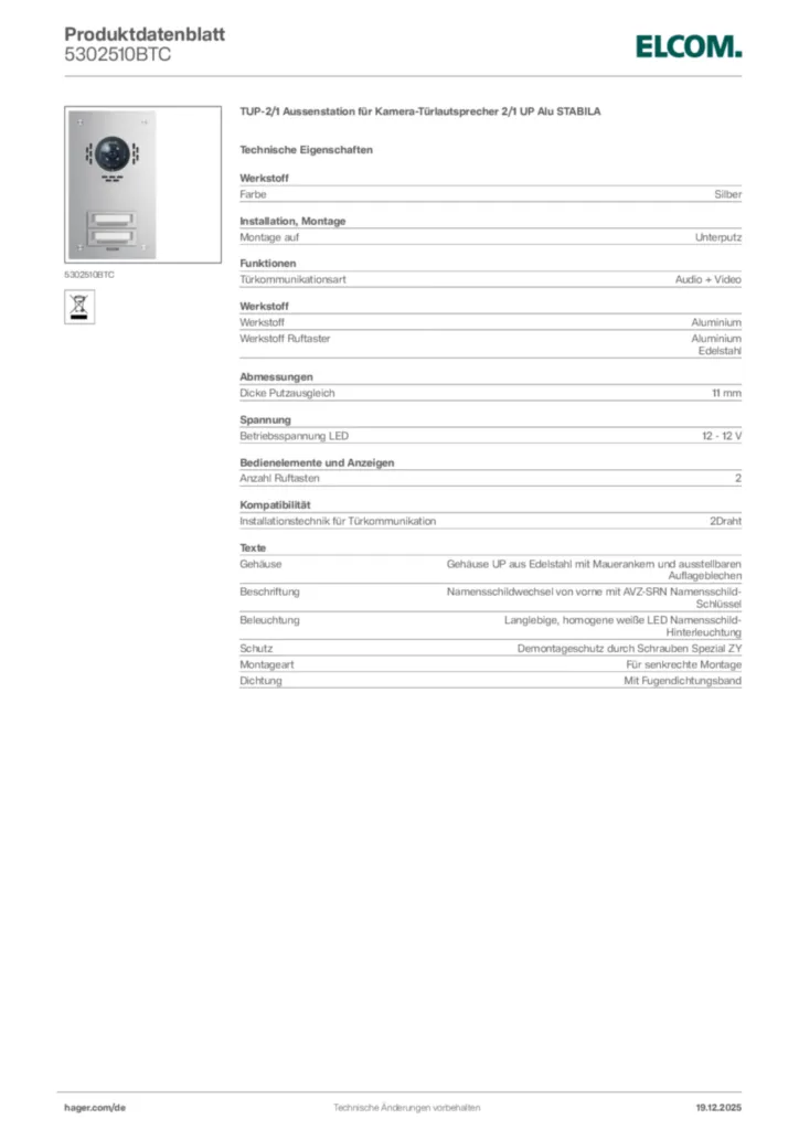 Bild Elcom Produktdatenblatt 5302510BTC | Hager Deutschland