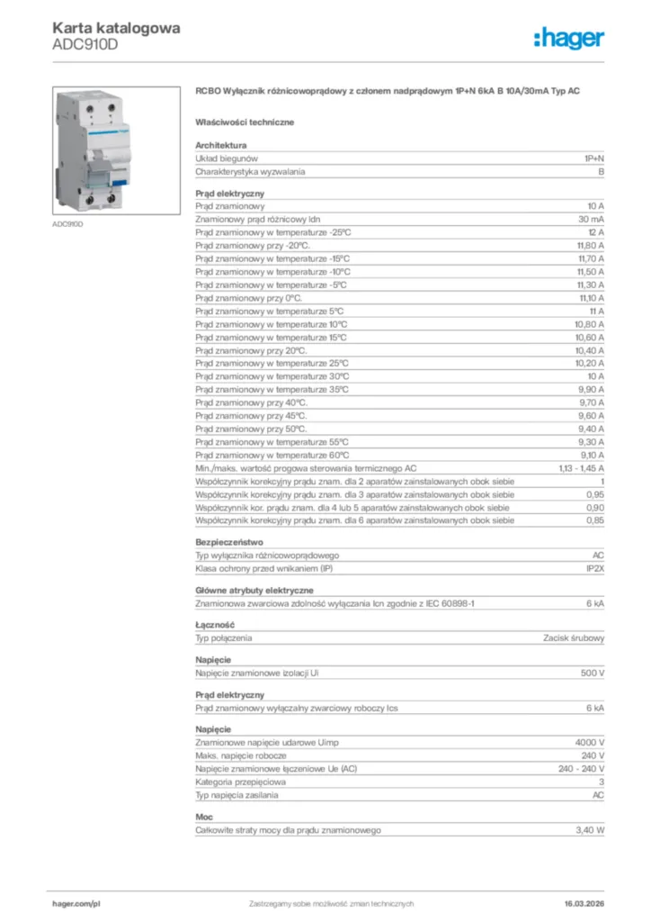 Zdjęcie Hager Karta katalogowa ADC910D | Hager Polska