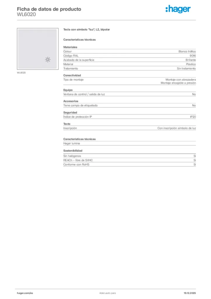 Imagen Hager Ficha de datos de producto WL6020 | Hager España