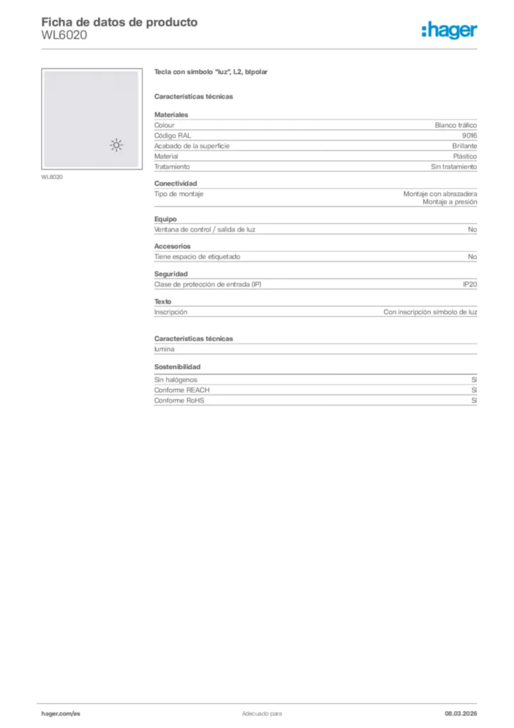 Imagen Hager Ficha de datos de producto WL6020 | Hager España