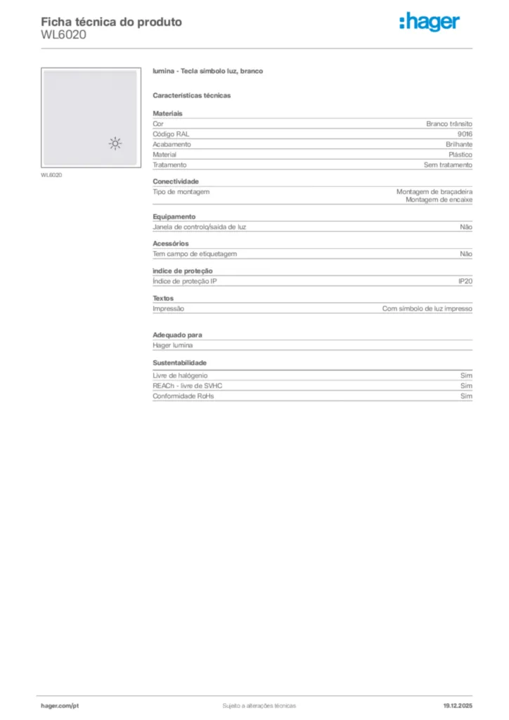 Imagem Hager Ficha técnica do produto WL6020 | Hager Portugal