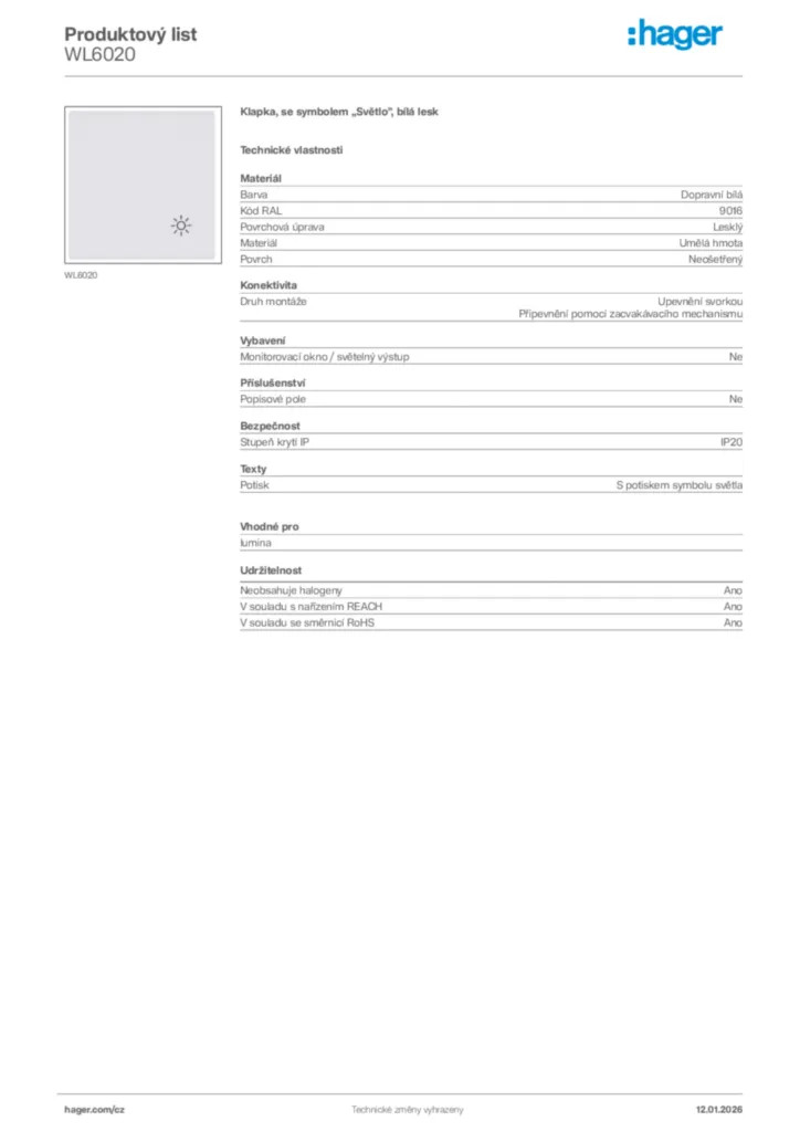 Obrázek Hager Product data sheet WL6020 | Hager