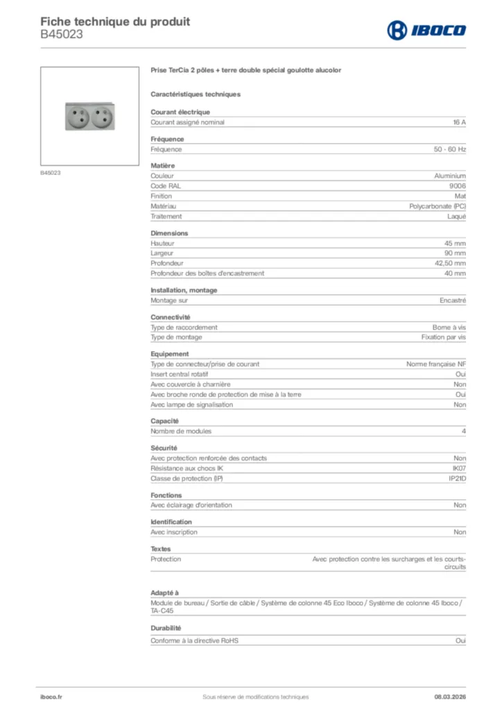 Image Iboco Fiche technique du produit B45023 | Hager France