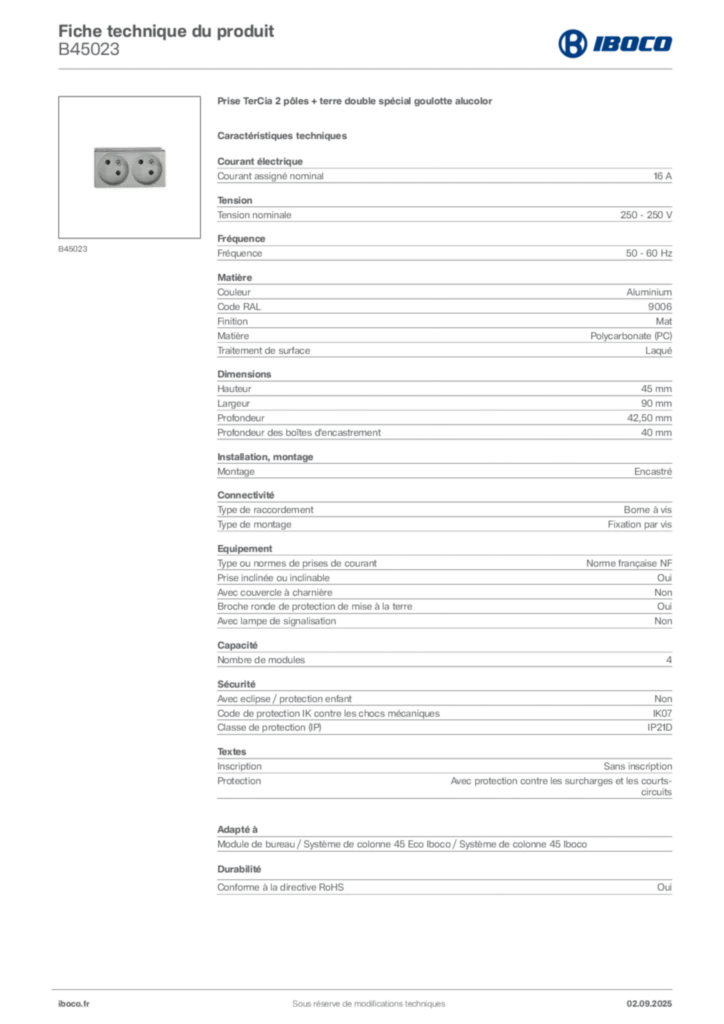 Image Iboco Fiche technique du produit B45023 | Hager France