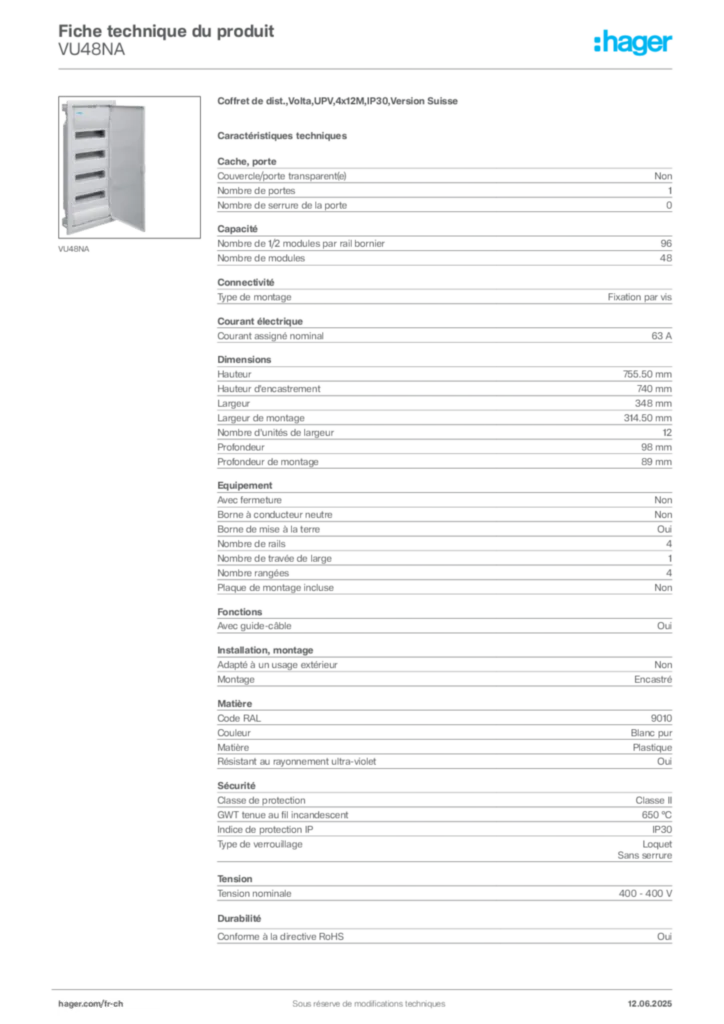 Image Hager Fiche technique du produit VU48NA | Hager Suisse