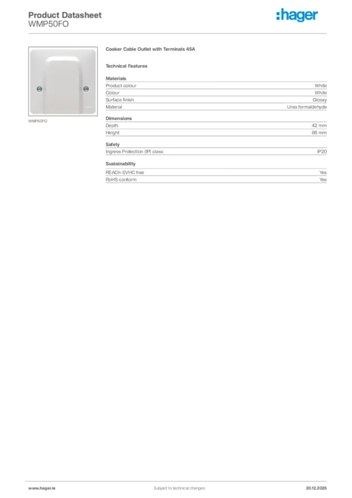 Image Hager Product data sheet WMP50FO  | Hager