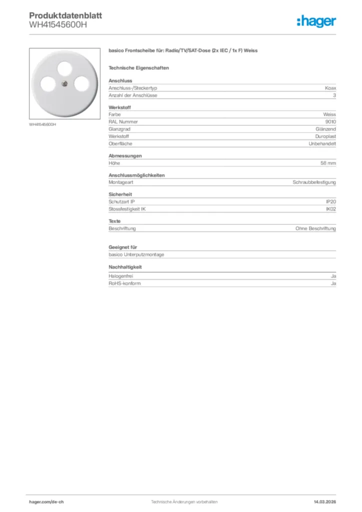 Bild Hager Produktdatenblatt WH41545600H | Hager Schweiz