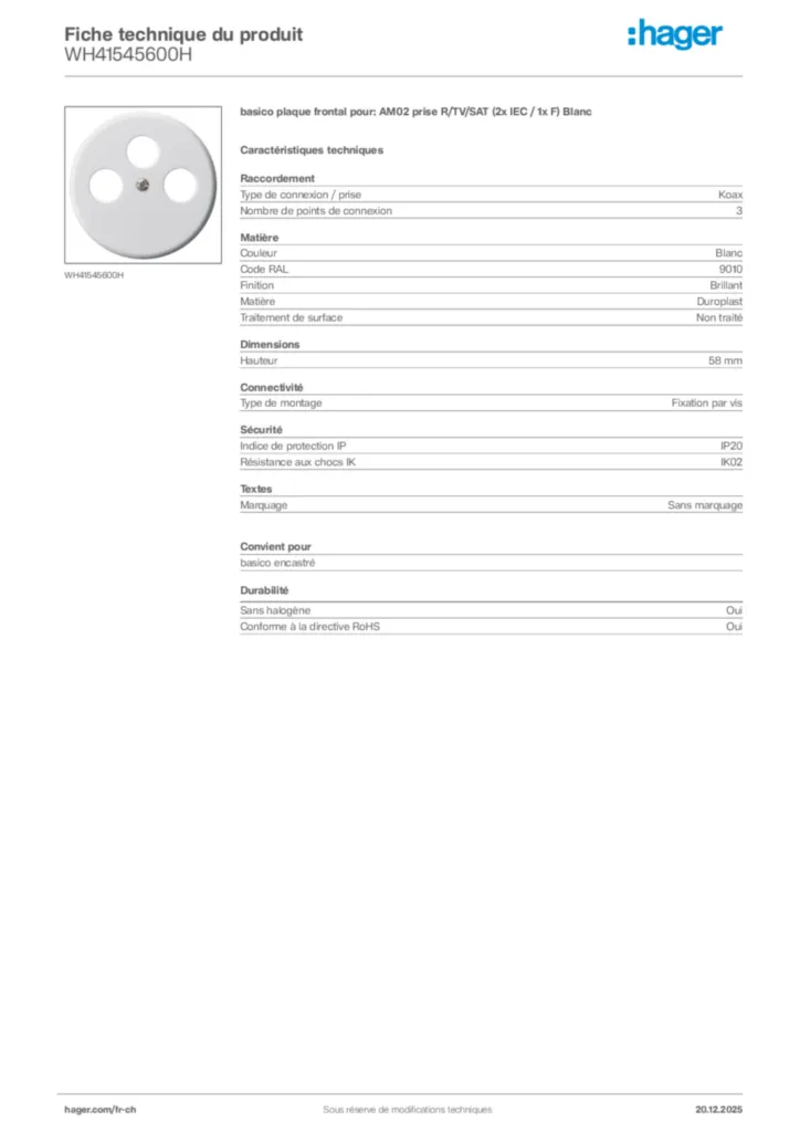 Image Hager Fiche technique du produit WH41545600H | Hager Suisse