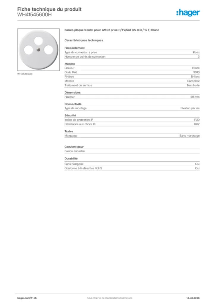 Image Hager Fiche technique du produit WH41545600H | Hager Suisse