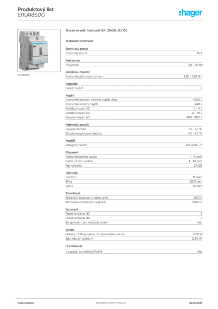 Obrázek Hager Produktový list ERL418SDC | Hager