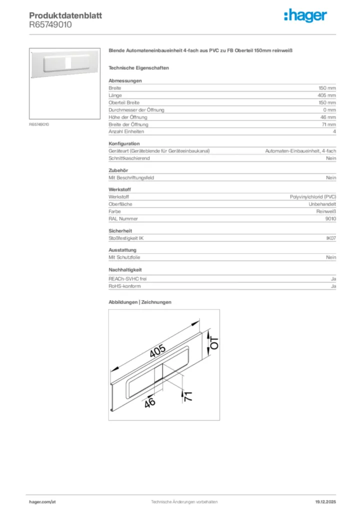 Bild Hager Produktdatenblatt R65749010 | Hager Deutschland