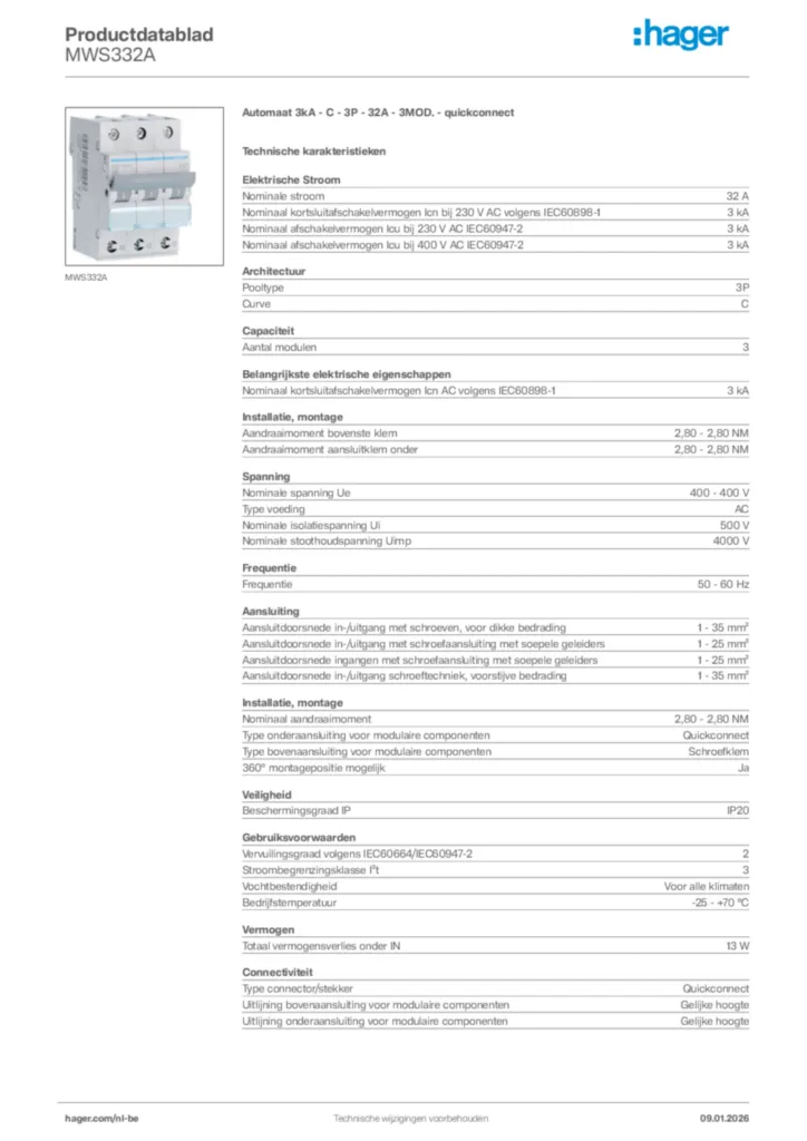 Afbeelding Hager Productdatablad MWS332A | Hager Belgium