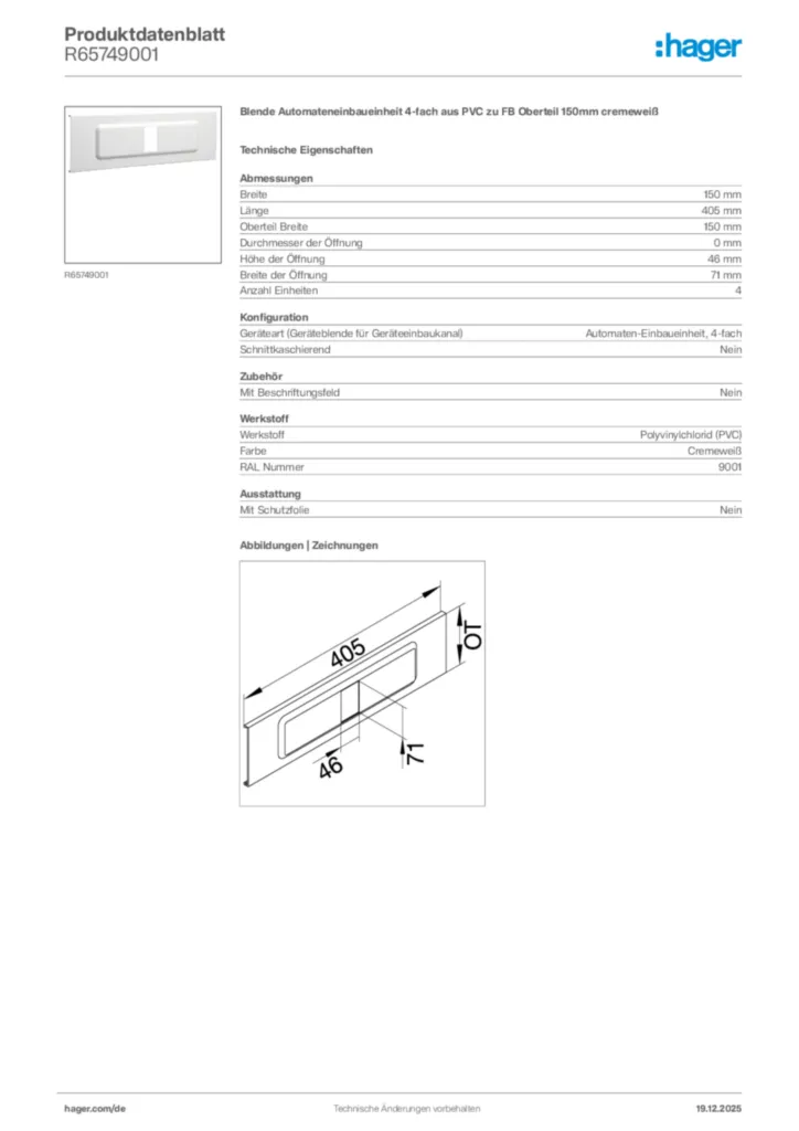 Bild Hager Produktdatenblatt R65749001 | Hager Deutschland