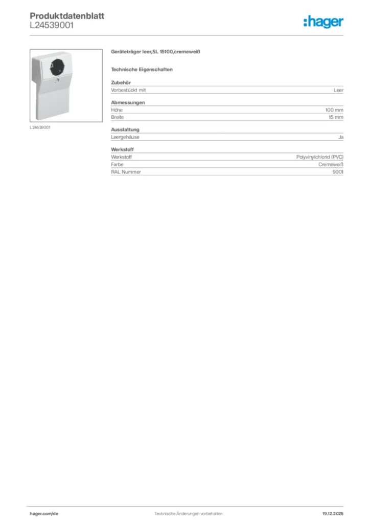 Bild Hager Produktdatenblatt L24539001 | Hager Deutschland