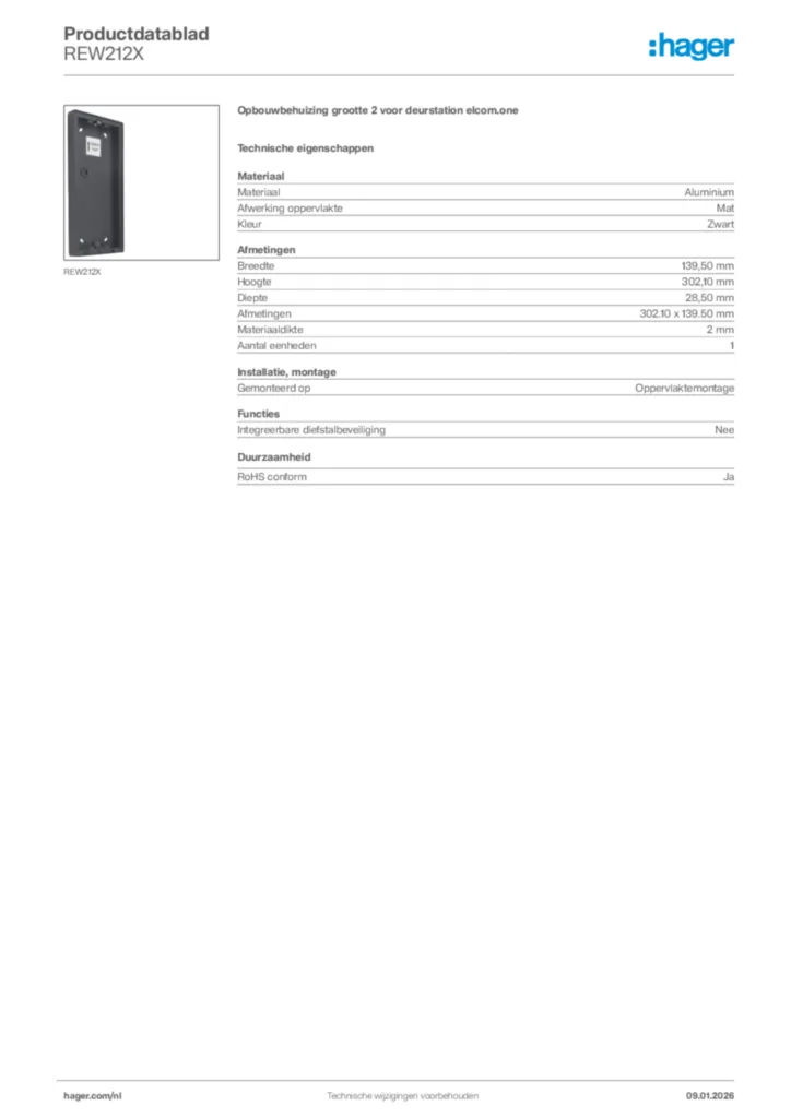Afbeelding Hager Productdatablad REW212X | Hager Nederland