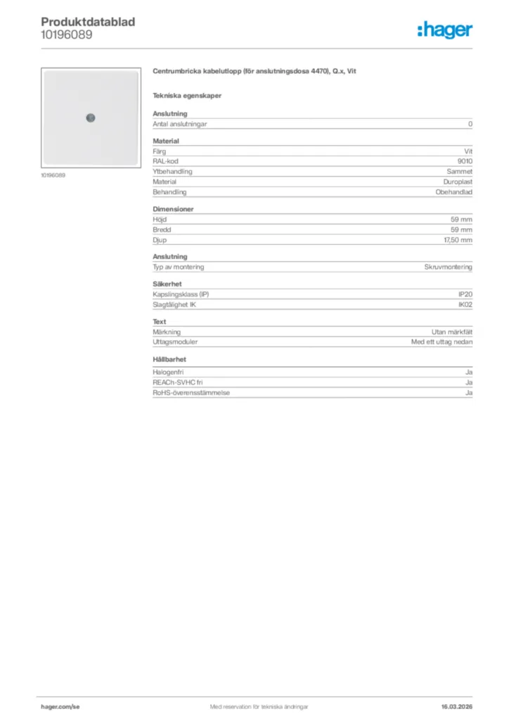 Bild Hager Produktdatablad 10196089 | Hager Sverige