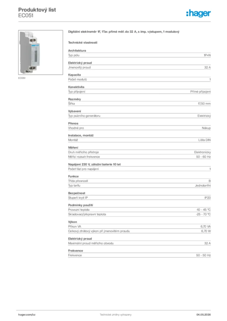 Obrázek Hager Product data sheet EC051 | Hager