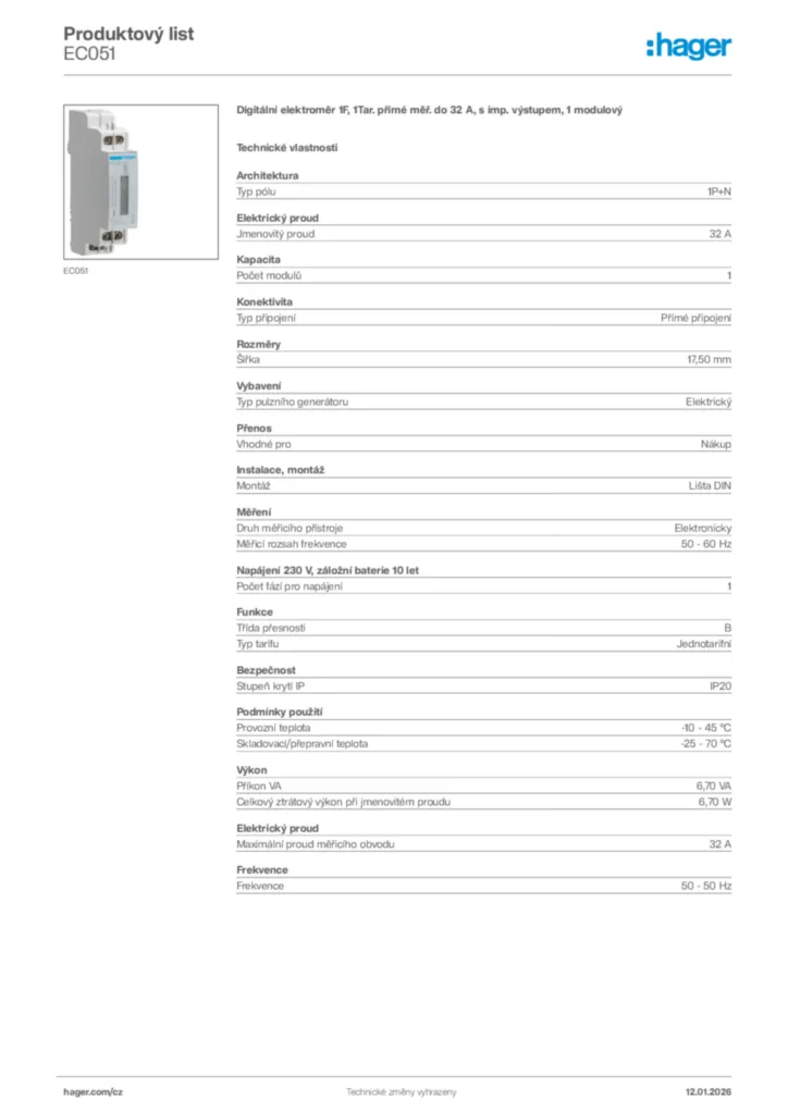 Obrázek Hager Product data sheet EC051 | Hager