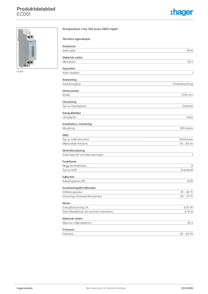 Bild Hager Produktdatablad EC051 | Hager Sverige