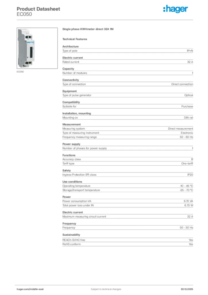 Image Hager Product data sheet EC050  | Hager