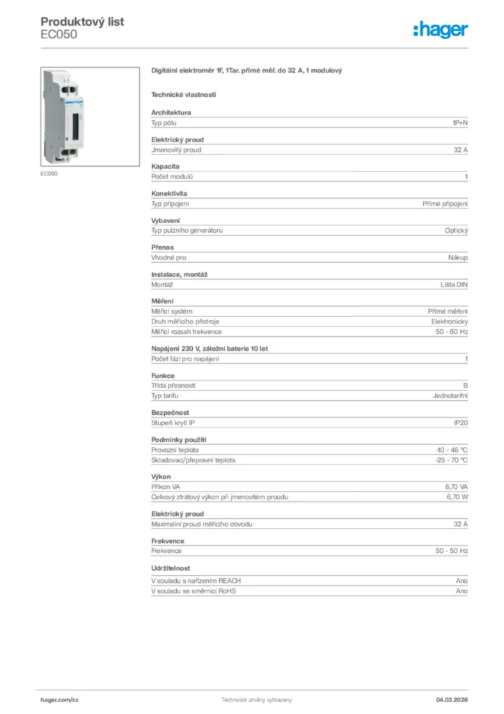 Obrázek Hager Product data sheet EC050 | Hager