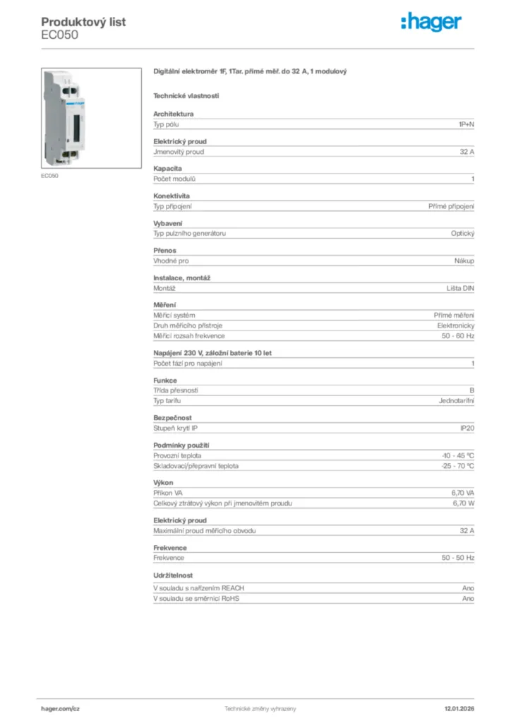 Obrázek Hager Product data sheet EC050 | Hager