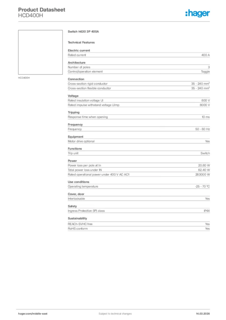 Image Hager Product data sheet HCD400H  | Hager