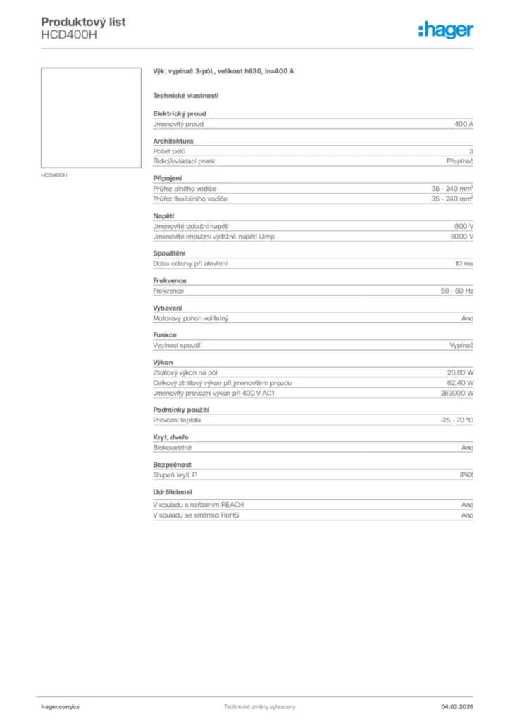 Obrázek Hager Product data sheet HCD400H | Hager